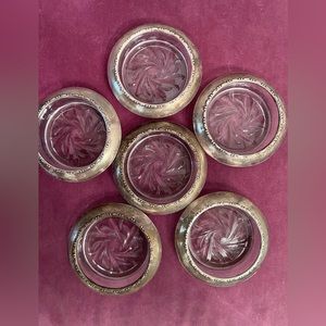 Vintage Lenord Italy 1960 sunburst glass coaster with silver plated rim set of 6